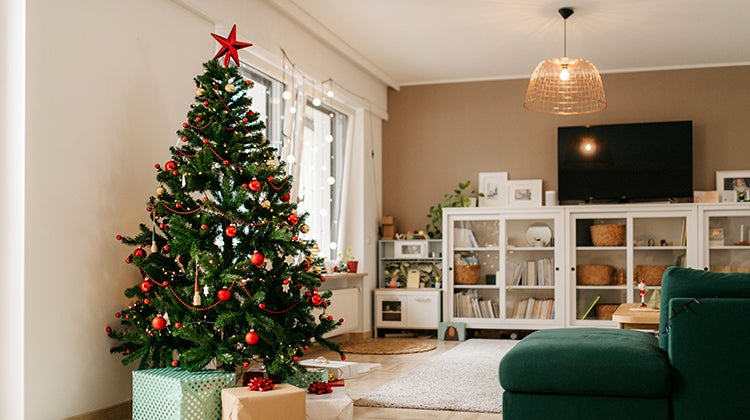 Perfectly organized living room with a big Christmas tree by the window Perfectly organized living room with a big Christmas tree by the window
