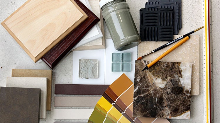 Flat lay of paint swatches and tile samples Flat lay of paint swatches and tile samples